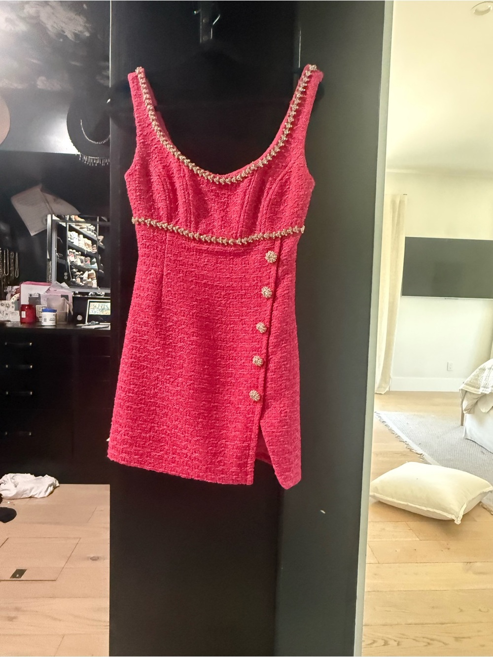 Self-Portrait Hot Pink Tweed Tank Mini Dress with Gold Trim - Picture 1 of 1